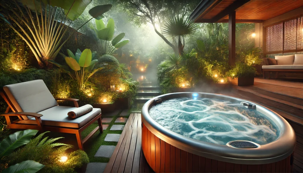 A peaceful outdoor hot tub in a garden surrounded by lush plants and soft glowing lights, with gentle steam rising from the water, reflecting a calming, therapeutic environment.