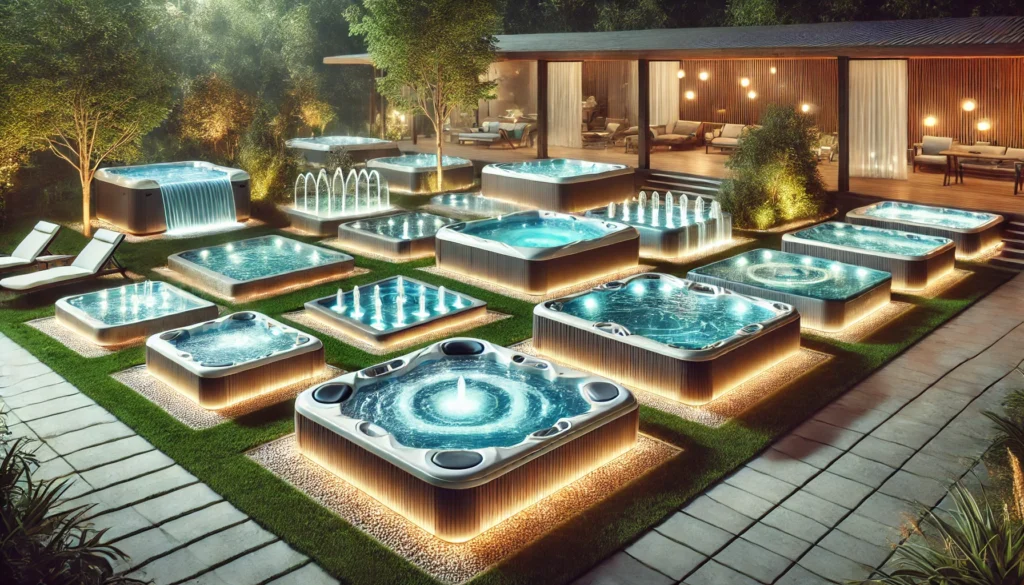 A variety of modern hot tubs in different shapes and sizes, featuring glowing jets, lights, and waterfalls, set in a tranquil garden environment, representing the evolution of hydrotherapy.