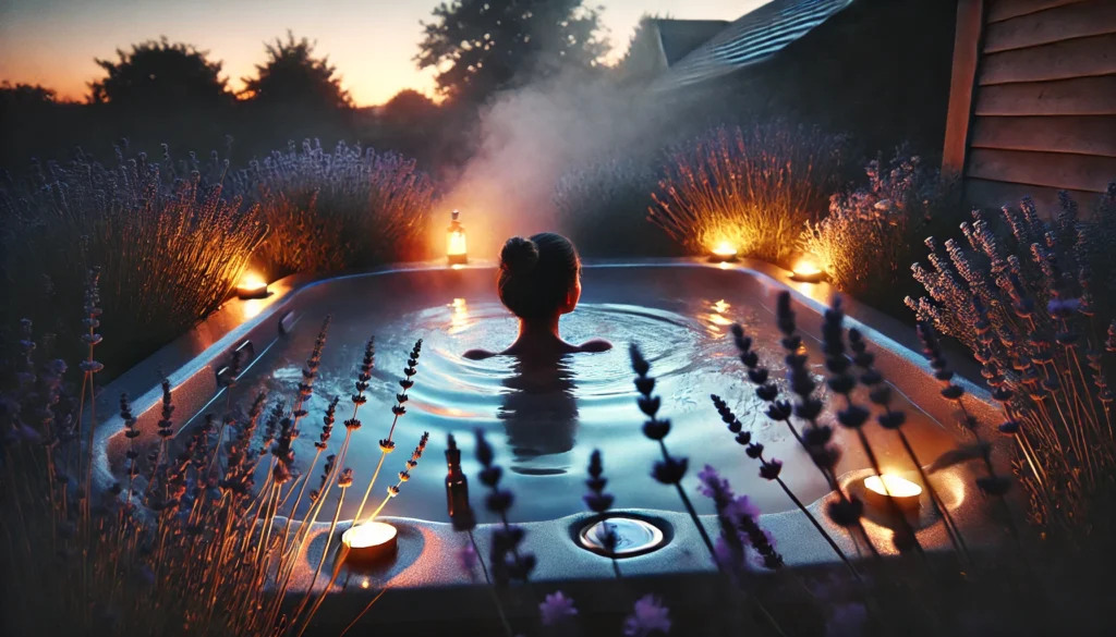 A peaceful hot tub scene at dusk, with a person relaxing in warm water surrounded by lavender plants and soft glowing lights, emphasizing stress relief, relaxation, and aromatherapy.