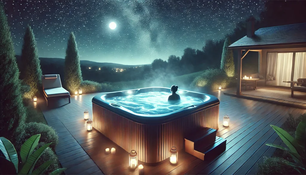 A serene nighttime hot tub scene under the stars with soft glowing lights and gentle steam rising from the water, symbolizing relaxation and improved sleep quality from a pre-bedtime soak.