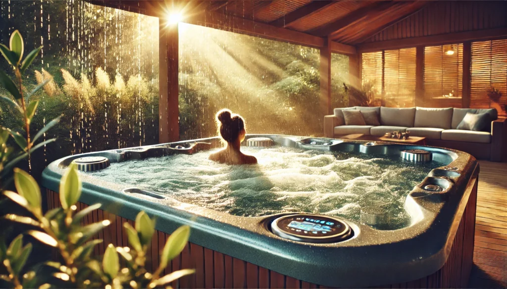 An outdoor hot tub with soothing jets in action, providing relief to someone relaxing in the warm water, surrounded by greenery and soft lighting, highlighting pain relief and hydrotherapy benefits.