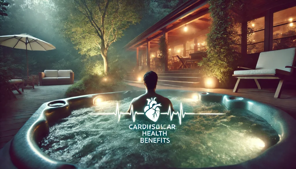 An outdoor hot tub scene with soft lighting and steam rising from the water, showing a person relaxing, highlighting the cardiovascular health benefits from improved circulation and gentle heart activity.