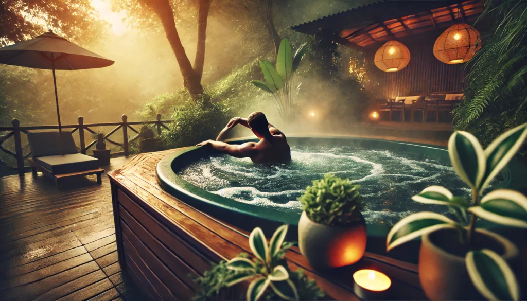 An outdoor hot tub scene with a person gently stretching in warm water, surrounded by soft steam, greenery, and ambient lighting, emphasizing the benefits of increased flexibility and range of motion.