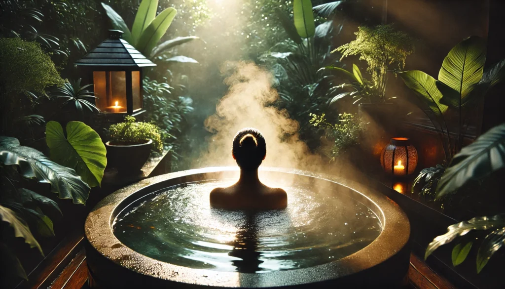 A serene hot tub scene in a lush garden with steam rising from the water, highlighting glowing, dewy skin after a soak. The peaceful environment emphasizes the detoxification and skin health benefits of hot tubs.