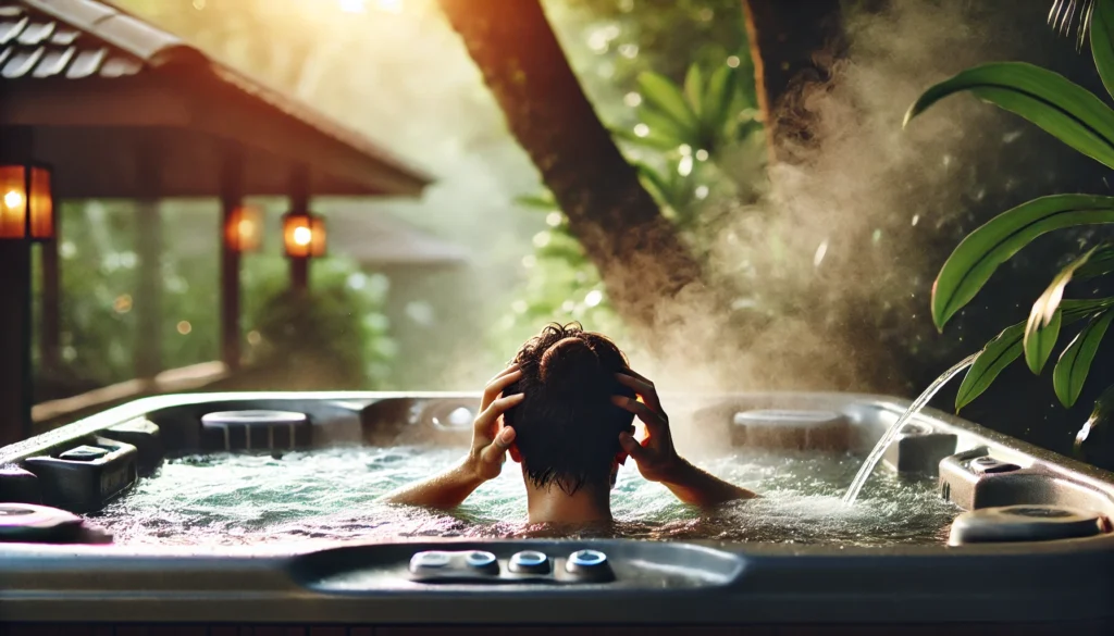 A peaceful outdoor hot tub scene with soft steam rising, showing a person relaxing while jets massage their neck and shoulders, helping relieve headache or migraine pain.