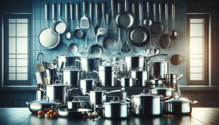 A collage of stainless steel cookware including pots, pans, and utensils in a kitchen setting, emphasizing safety and reliability