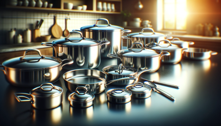 Showcasing an assortment of stainless steel cookware gleaming with a like-new shine, arranged on a kitchen counter.