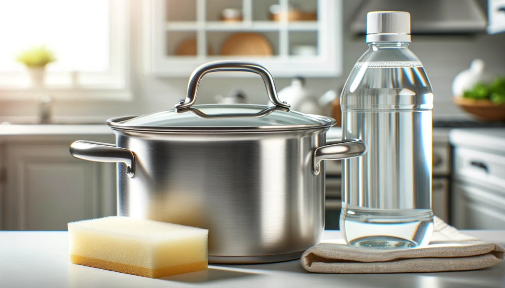 A clean, shiny stainless steel pot next to a bottle of vinegar and a sponge, symbolizing the effectiveness of the cleaning process.