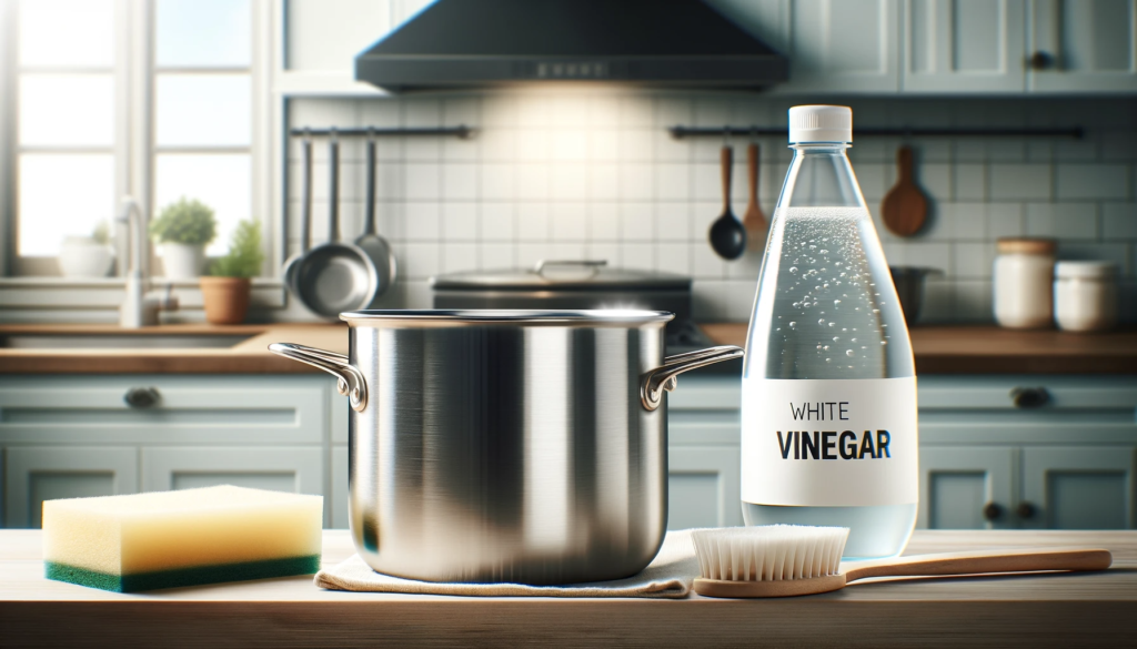 The hero image features a bright kitchen scene with a shining stainless steel pot, a bottle of vinegar, and a sponge on the countertop, encapsulating the blog's theme of renewing cookware using vinegar.