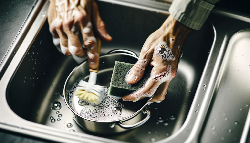 Image of a hand gently washing an All-Clad stainless steel pan, highlighting the care practices.