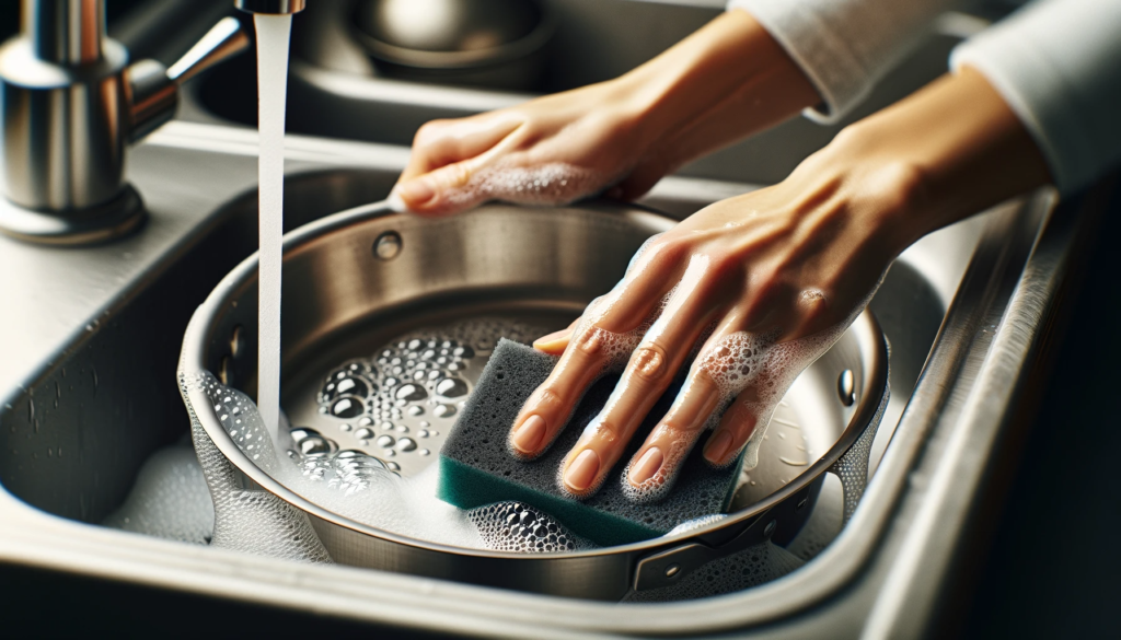 mage of a handwashing an All-Clad pan with a soft sponge and warm soapy water, emphasizing proper cleaning techniques.