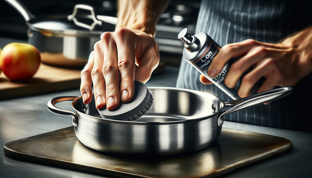 Image of a hand gently applying stainless steel polish to an All-Clad pan, highlighting the periodic polishing step for maintaining the finish.

