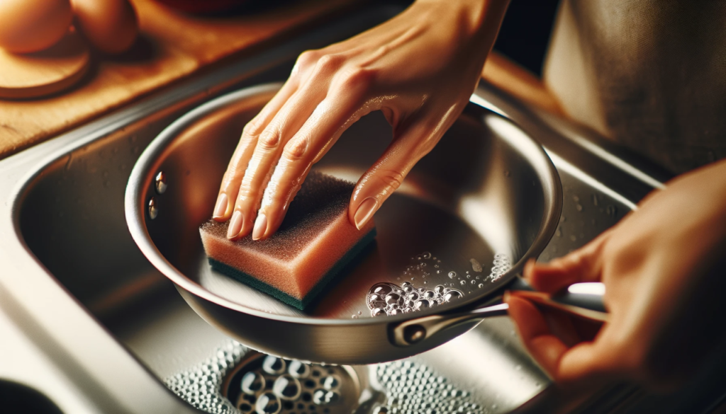  Depicting the gentle handwashing of a Calphalon stainless steel pan, highlighting the importance of careful cleaning.