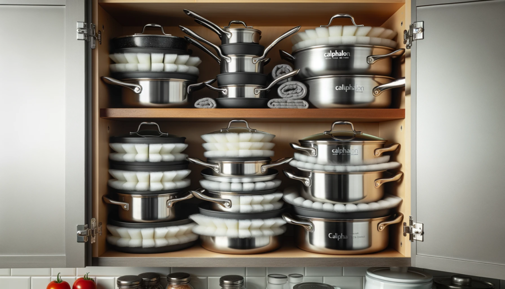 Illustrating a well-organized kitchen cabinet where Calphalon cookware is neatly stacked with protective padding, focusing on smart storage solutions.