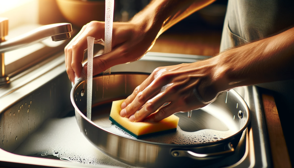 Image showing a handwashing a Calphalon pan with a soft sponge and hot soapy water, and another image of applying cooking oil to the dry pan's surface.
