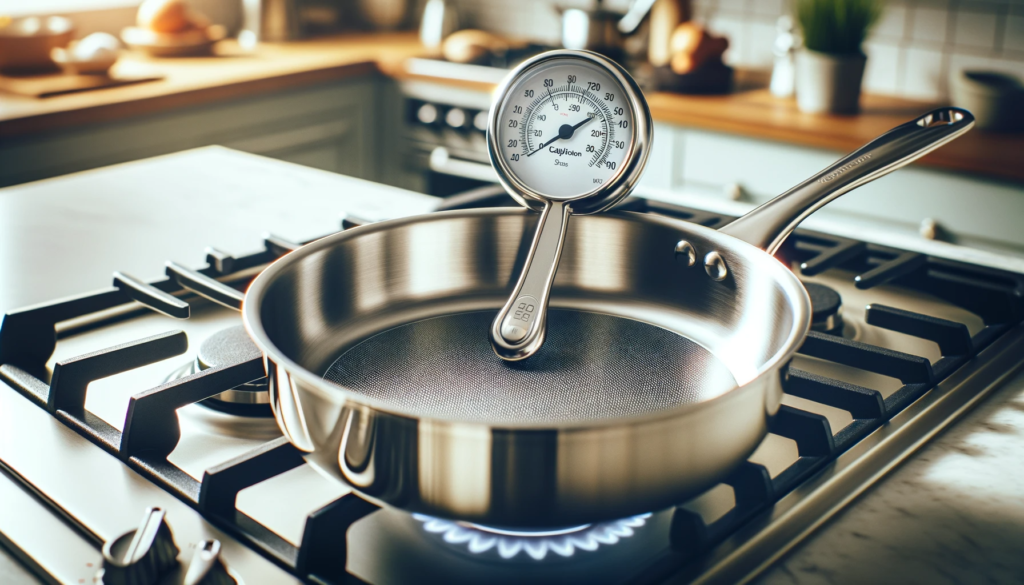 Showing a Calphalon stainless steel pan being preheated on a stove, with a thermometer indicating the perfect temperature, emphasizing the pre-cooking stage.