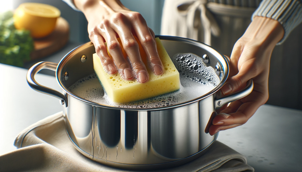 Image of a handwashing a Cuisinart stainless steel pan with a soft sponge and warm soapy water, highlighting the gentle cleaning process.