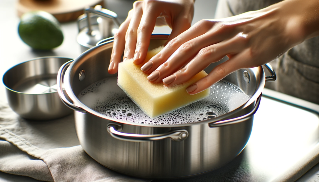 Image demonstrating the process of cleaning the inside of a Cuisinart stainless steel pan – soaking, gentle scrubbing with a sponge, and rinsing under hot water.