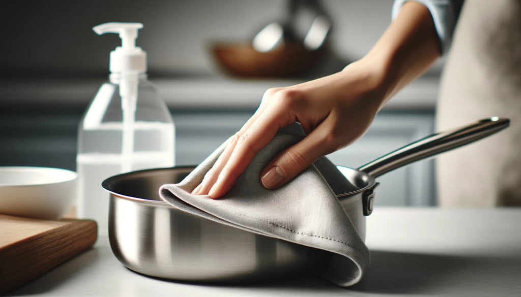 Image illustrating the process of cleaning the outside of a Cuisinart stainless steel pan – applying dish soap, gentle scrubbing with a sponge, rinsing, and hand drying.
