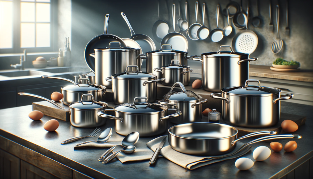 Stainless steel cookware is made from an iron alloy containing at least 10.5% chromium, along with other elements like nickel, manganese, titanium, copper, and silicon. The chromium creates a protective oxide layer that makes the cookware resistant to corrosion, rusting, and staining. Stainless steel cookware is known for its durability, scratch resistance, even heat distribution, and ease of maintenance. It is a popular choice for various cooking methods and is capable of withstanding high temperatures without warping. The smooth surface does not react with food, making it easy to clean and ensuring that it won't absorb odors or flavors.