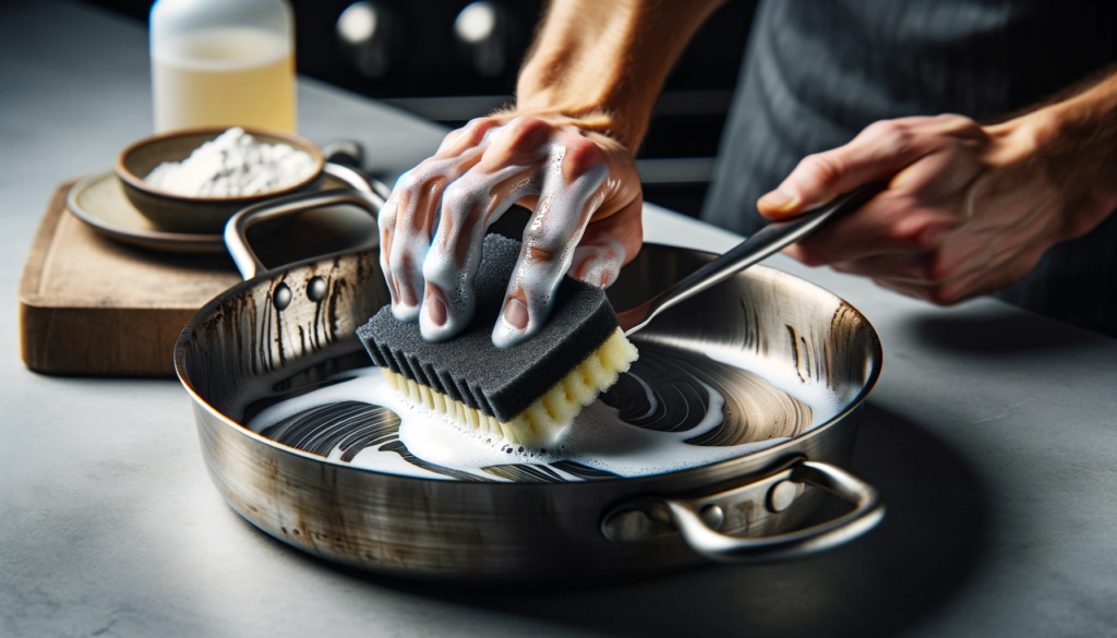 Cleaning stainless steel cookware meticulously. Hot soapy water, non-abrasive tools, and attention to detail ensure a pristine surface, setting the stage for effective restoration