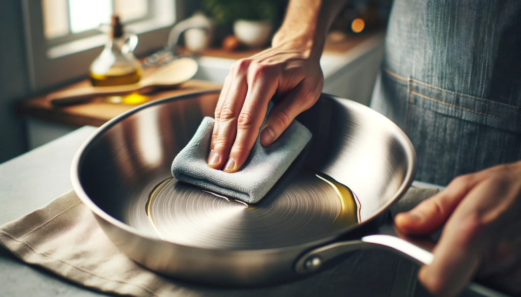 Gently buffing stainless steel cookware to reduce minor scratches and discoloration. Delicate abrasion and polishing reveal a smoother, renewed surface with enhanced shine