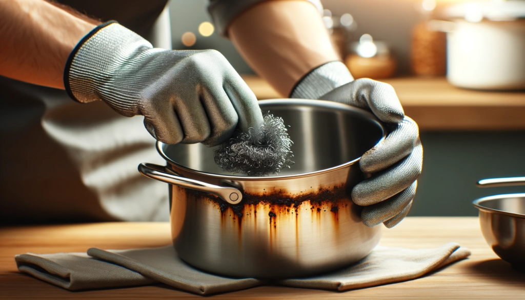 Removing rust from stainless steel cookware. Using steel wool and rust-dissolving cleanser, carefully scrubbing and wiping away residues for a restored, corrosion-free exterior