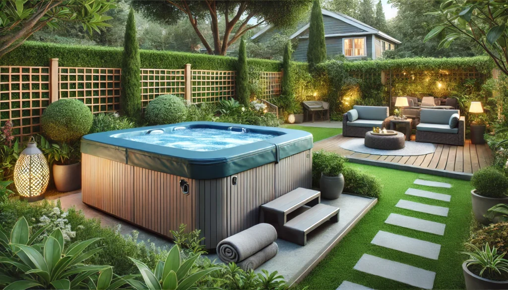 Backyard scene featuring a modern hot tub with a sturdy cover and surrounding safety fence. The hot tub is placed in a cozy garden corner with lush greenery, soft outdoor lighting, and a nearby bench with neatly folded towels, emphasizing the importance of safety features and proper maintenance for homeowners insurance coverage.