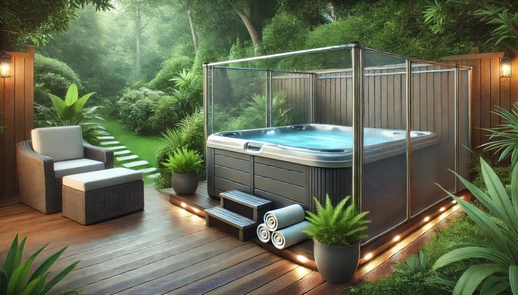 A serene backyard scene featuring a modern hot tub with a lockable cover and safety fencing. The hot tub is placed on wooden decking, surrounded by greenery and soft lighting. Towels are neatly folded on a nearby bench, and non-slip surfaces are visible, emphasizing the importance of homeowners insurance coverage and safety measures for hot tub owners.