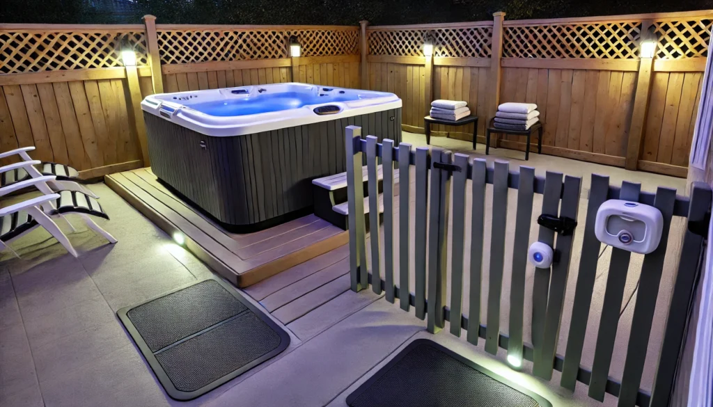 A backyard hot tub surrounded by a 4-foot safety fence with a self-latching gate, a sturdy lockable cover, and non-slip mats on the deck. Motion-sensor lighting softly illuminates the area, with towels neatly folded on a nearby bench, highlighting the importance of safety precautions like fencing, lighting, and non-slip surfaces for hot tub owners.