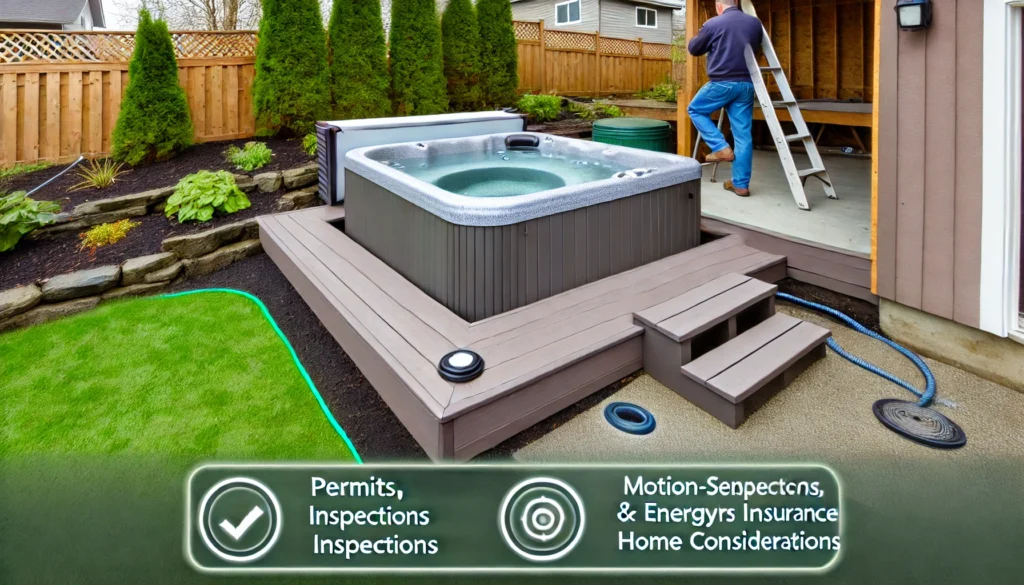 A backyard scene showing a permanent hot tub installation integrated into a landscaped deck, surrounded by greenery. The hot tub is illuminated by soft motion-sensor lighting, with non-slip steps leading up to it. In the background, a contractor is inspecting the electrical and structural setup, emphasizing the importance of permits, inspections, and energy-efficient features for homeowners insurance and home value considerations.