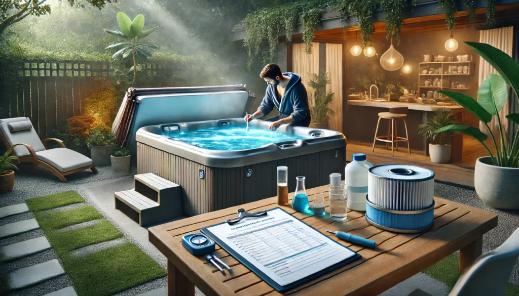 A backyard hot tub maintenance scene featuring a modern hot tub surrounded by greenery. A person is testing the water's chemical levels with a kit, while a maintenance logbook is open on a nearby table. The hot tub cover is neatly folded, and tools like a filter cleaner are visible, emphasizing proper maintenance practices and insurance compliance.