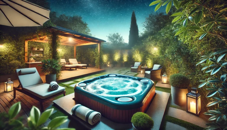 A serene backyard hot tub surrounded by lush greenery, with crystal clear water and soft evening lights creating a peaceful and inviting atmosphere. Steam rises gently from the tub, and the setting is enhanced by neatly arranged towels and lounge chairs, under a tranquil starry sky.