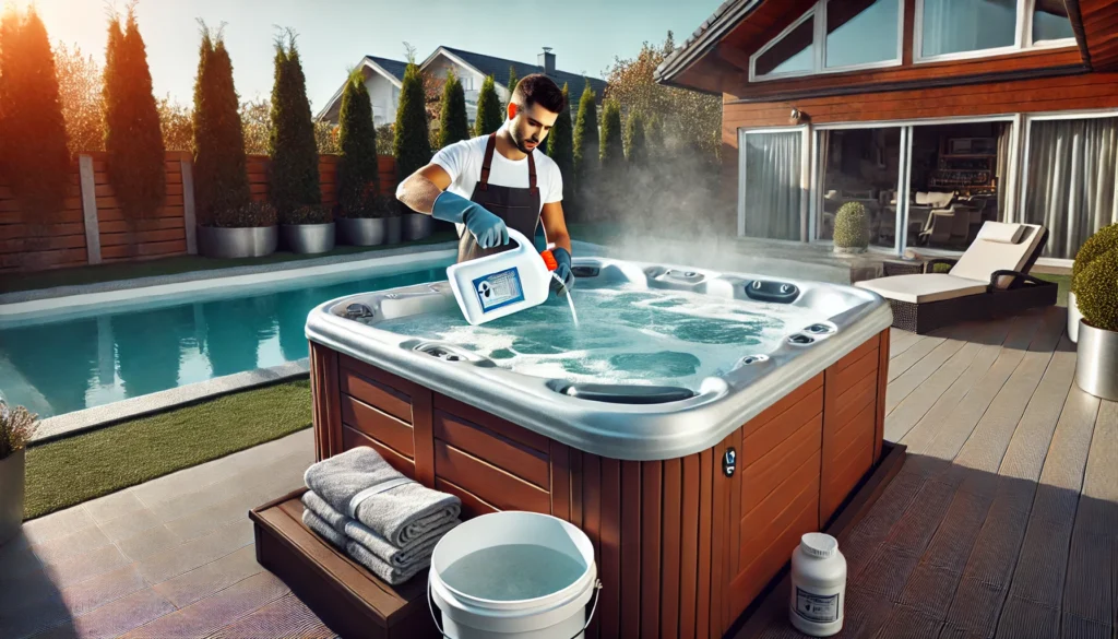 A hot tub with crystal clear water in a serene outdoor setting, with a person in gloves carefully adding shock treatment to maintain water cleanliness. The tub emits light steam, and the surrounding area features organized towels and a clean bucket for the maintenance process, reflecting care and attention to detail.