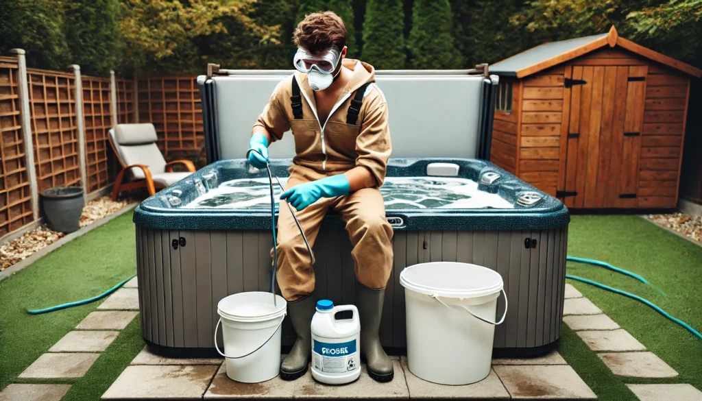 A person preparing to shock a hot tub, wearing safety goggles, gloves, and old clothes. The hot tub cover is open for ventilation, and the person is holding a water testing kit, standing next to a clean bucket and stirrer. The outdoor setting is clean, and the atmosphere reflects focus on safety and proper preparation.