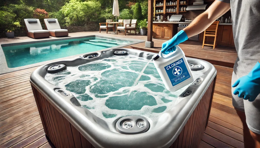 A clean hot tub with jets running in a peaceful outdoor setting. A person wearing gloves is carefully sprinkling chlorine shock around the edges of the water while the hot tub cover is open for ventilation. The surroundings feature neatly arranged maintenance tools, reflecting a calm and careful approach to hot tub maintenance.