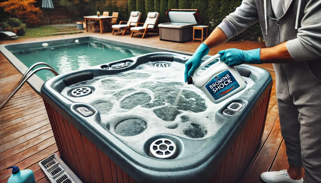 A clean hot tub with jets running in a peaceful outdoor setting. A person wearing gloves carefully sprinkles bromine shock around the edges of the water while the hot tub cover is open for ventilation. Neatly arranged maintenance tools surround the area, highlighting the careful and safe process of shocking a hot tub with bromine