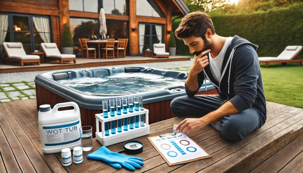 A person reviewing a water testing kit next to a clean hot tub in a calm outdoor setting. The water is clear, and the person is checking the water balance to prevent common mistakes. Nearby, tools such as chemical containers and gloves reflect a careful and informed approach to hot tub care.