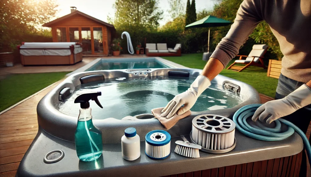 A clean hot tub in a peaceful backyard setting, with a person wiping down the waterline using a soft cloth. Nearby are maintenance tools, including a filter cleaner solution, hose, and water testing kit. The calm atmosphere highlights the importance of regular hot tub maintenance between shocking sessions