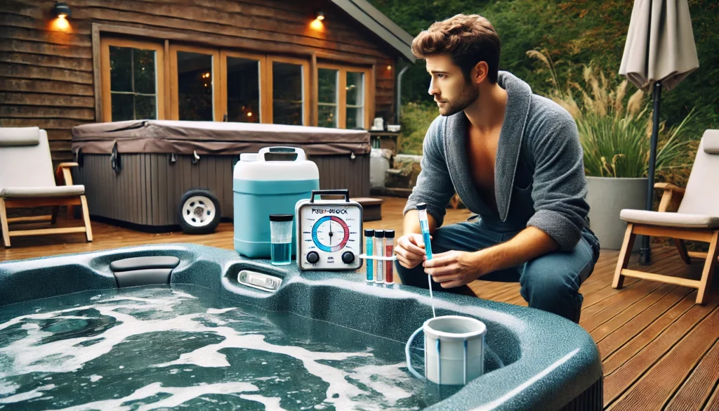 A person standing next to a hot tub in an outdoor setting, holding a testing kit and examining slightly cloudy water, indicating a post-shock issue. Nearby tools such as a filter and chemical containers reflect the process of troubleshooting and adjusting water balance to restore clarity and quality.