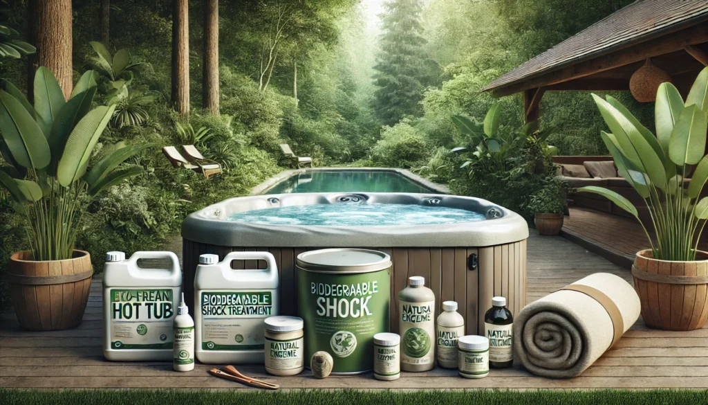 A clean hot tub in a peaceful outdoor setting surrounded by greenery, featuring eco-friendly products such as biodegradable shock treatments, natural enzyme containers, and a well-insulated hot tub cover. The scene reflects a calm, environmentally conscious approach to hot tub maintenance with organized tools promoting sustainable choices.