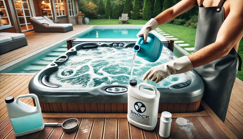 A person adding shock treatment to a hot tub with the jets running in a clean backyard setting. The hot tub cover is open for ventilation, and the person is wearing gloves, carefully sprinkling the shock treatment to maintain water clarity and hygiene.