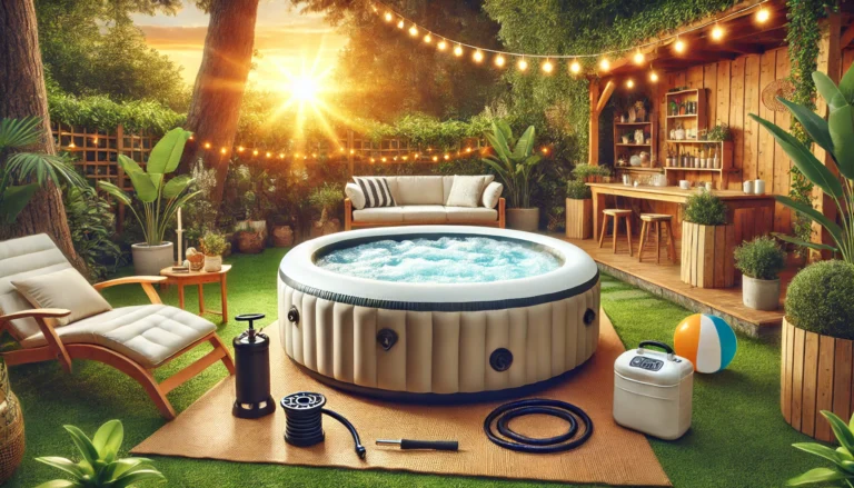 A peaceful backyard scene with an inflatable hot tub filled with warm, bubbling water. Surrounded by greenery and outdoor decorations, the tub is perfectly inflated at sunset, with tools like an air pump and repair kit nearby, symbolizing care, maintenance, and relaxation.