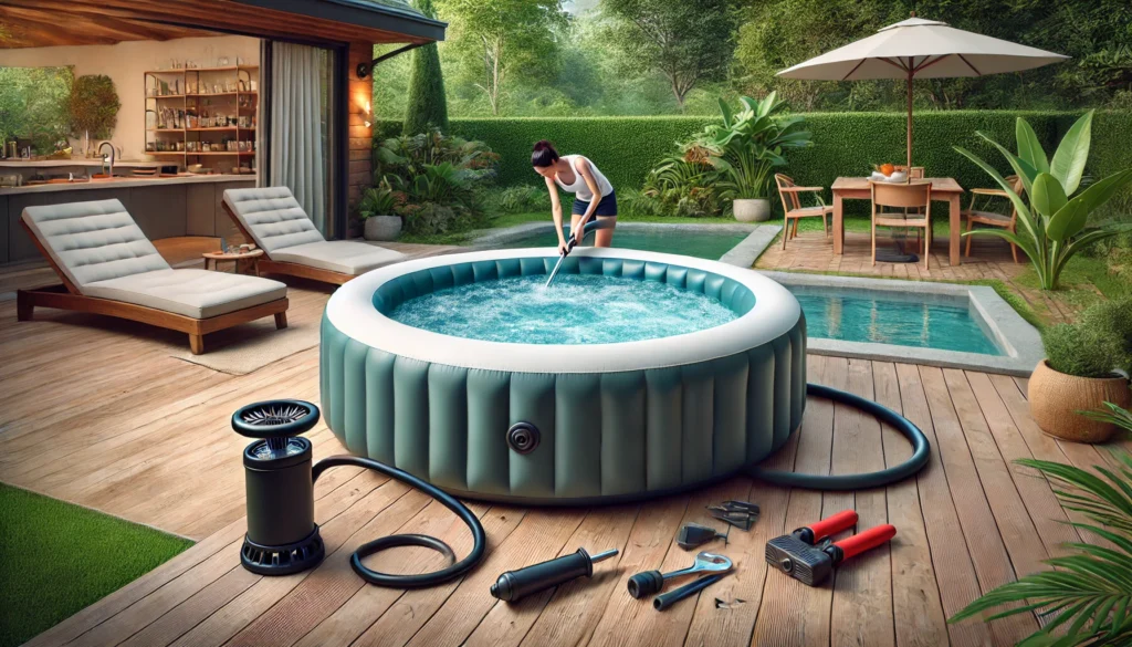 An inflatable hot tub in a peaceful backyard setting, slightly deflated, with a person using an air pump to refill the air. The scene includes tools like the air pump and repair kit, highlighting the regular maintenance needed to keep inflatable hot tubs properly inflated and ready for relaxation.