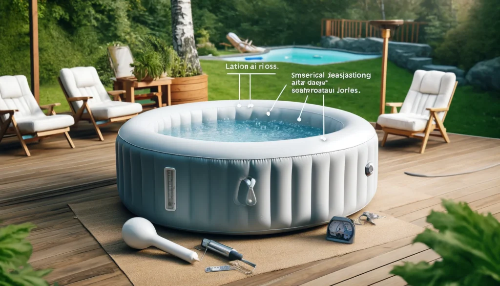 An inflatable hot tub in a peaceful outdoor setting showing slight sagging due to natural air loss caused by factors like temperature changes and material porosity. The scene includes temperature measuring tools and an air pump, illustrating the science behind why inflatable hot tubs lose air over time.