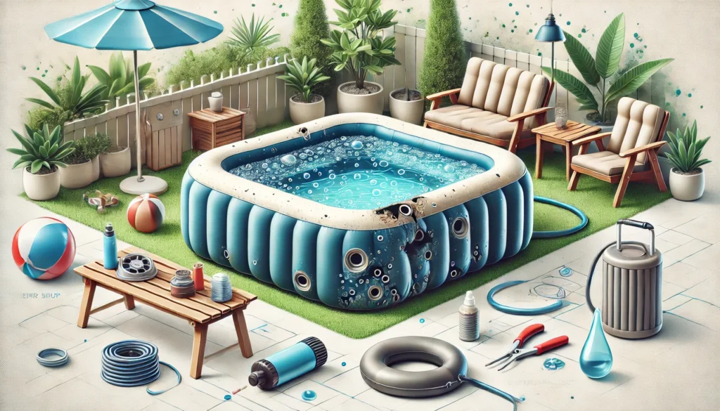 An inflatable hot tub in an outdoor setting showing signs of wear and tear, such as slight sagging and tiny holes. Tools like a repair kit, pump, and cleaning supplies are nearby, illustrating common causes of air loss like improper setup, environmental factors, and material aging.