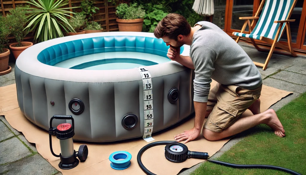 A person kneeling next to an inflatable hot tub in a calm outdoor setting, inspecting the tub for signs of air loss. They are checking a water level marked with tape and listening for hissing sounds that might indicate a leak. Tools like a water pump and patch kit are nearby, emphasizing the process of detecting air loss.