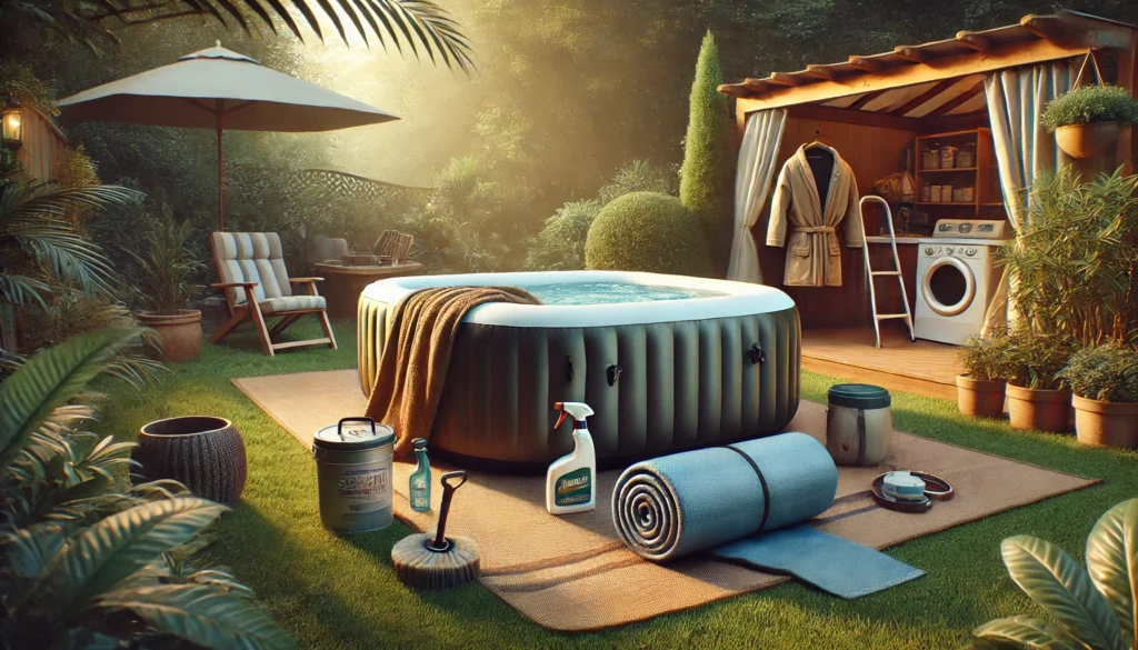 A peaceful backyard scene with an inflatable hot tub covered and resting on a ground cloth. Nearby tools like cleaning supplies and a thermal blanket emphasize preventive measures, ensuring the hot tub remains properly inflated and protected from the elements.