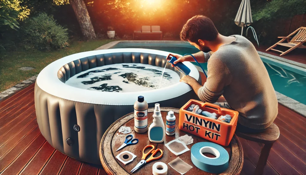 A person repairing an inflatable hot tub in a calm backyard setting using a vinyl repair kit. Tools like scissors, patch material, and adhesive are spread out nearby, highlighting the process of locating and fixing a leak with a dish soap and water solution.