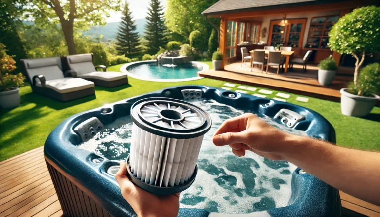 Close-up of a person reinstalling a freshly cleaned hot tub filter in an outdoor setting